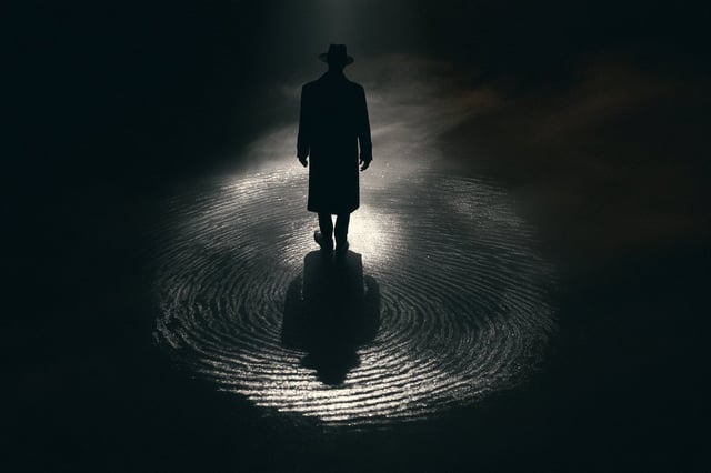 Cinematic silhouette of a [Subject] standing over a giant illuminated [Projection] projected onto th