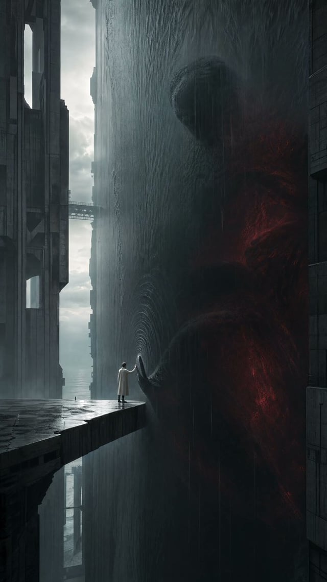 Create an original cinematic dark-surrealist landscape at the edge of a vertical abyss inside a ruin