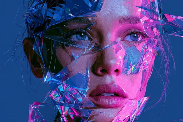 [Subject] reimagined through a Fractured Holographic Prism, where the subject is broken into geometr