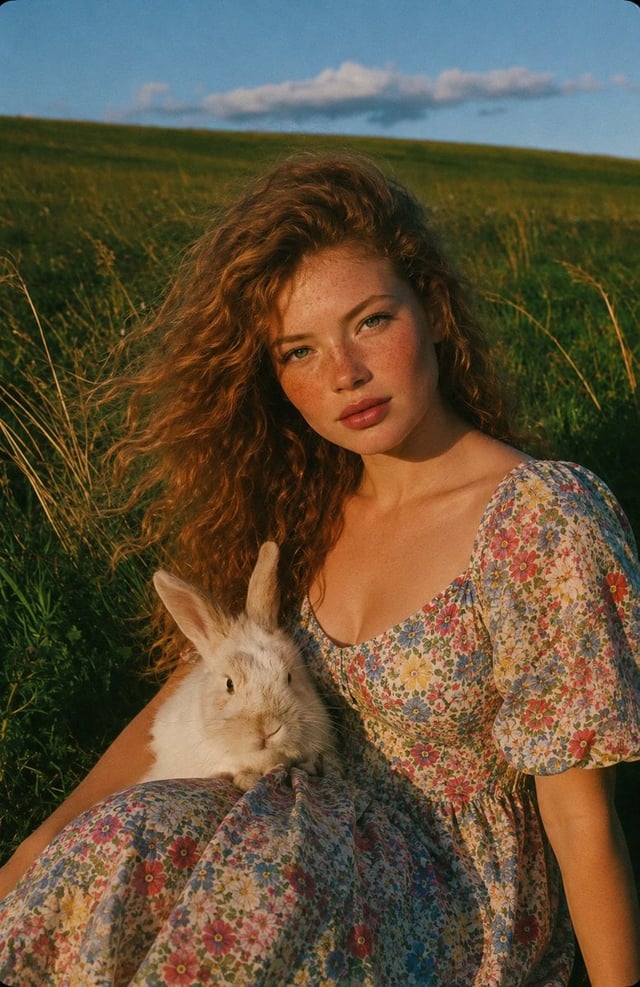 A photorealistic cinematic countryside portrait of a cute young adult woman sitting in a lush green 