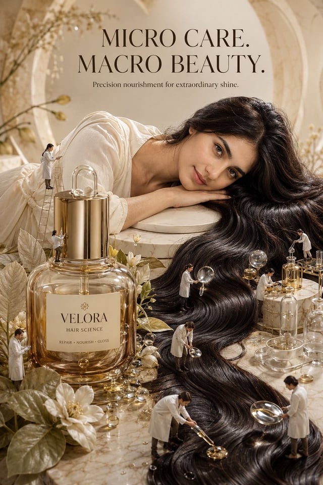 Create a photorealistic, high-end luxury beauty campaign poster inspired by surreal miniature-scale 