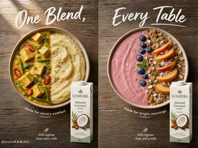 Create a premium dual-panel commercial campaign poster for an original plant-milk brand named "LUNAV