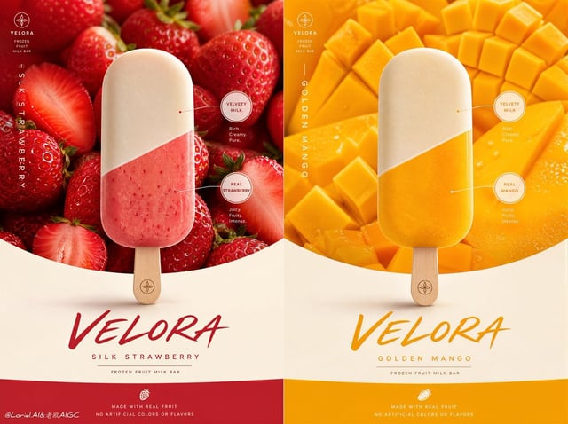 Create a premium FMCG ice cream advertising poster for an original frozen dessert brand named "VELOR