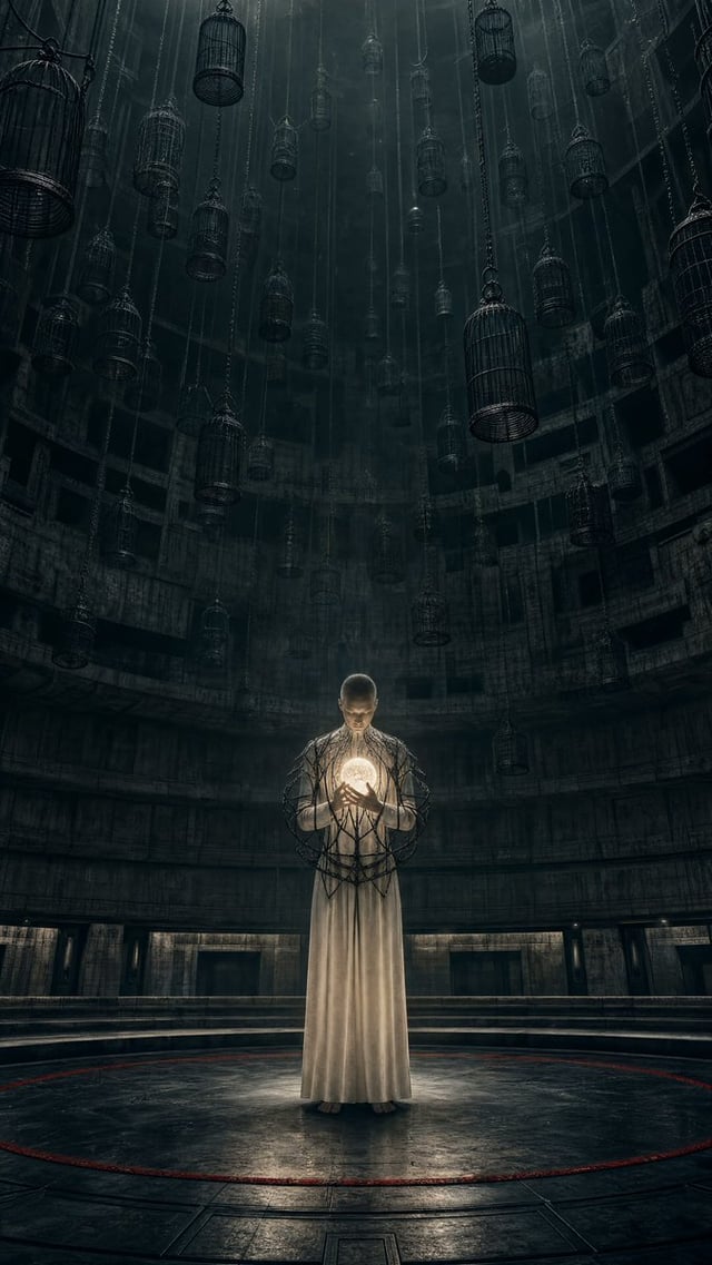 Create an original dystopian dark-surrealist image in a vast circular chamber beneath a dead city. A