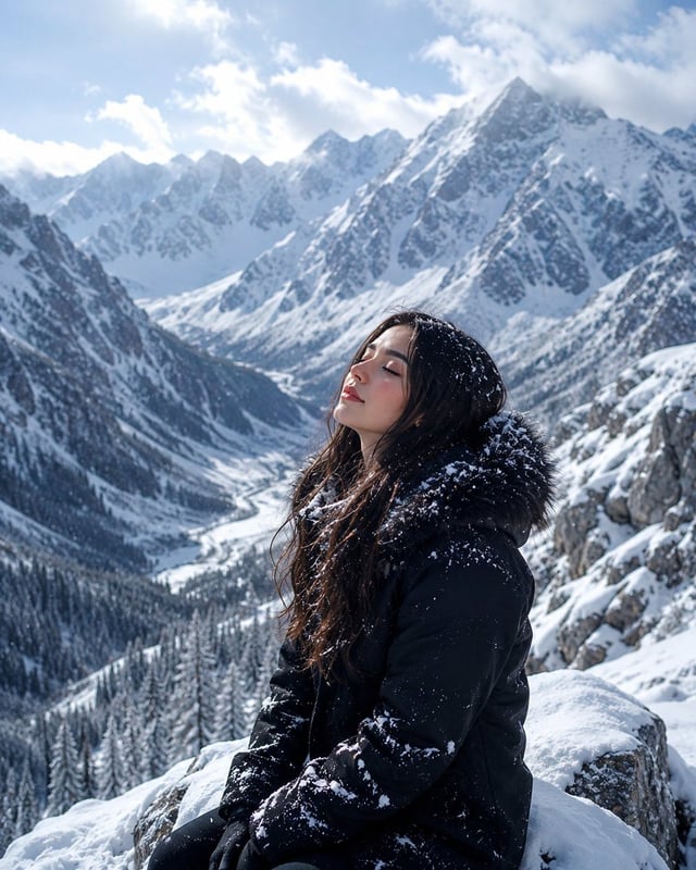 A realistic side-profile portrait of a young South Asian woman sitting peacefully on a snow-covered 