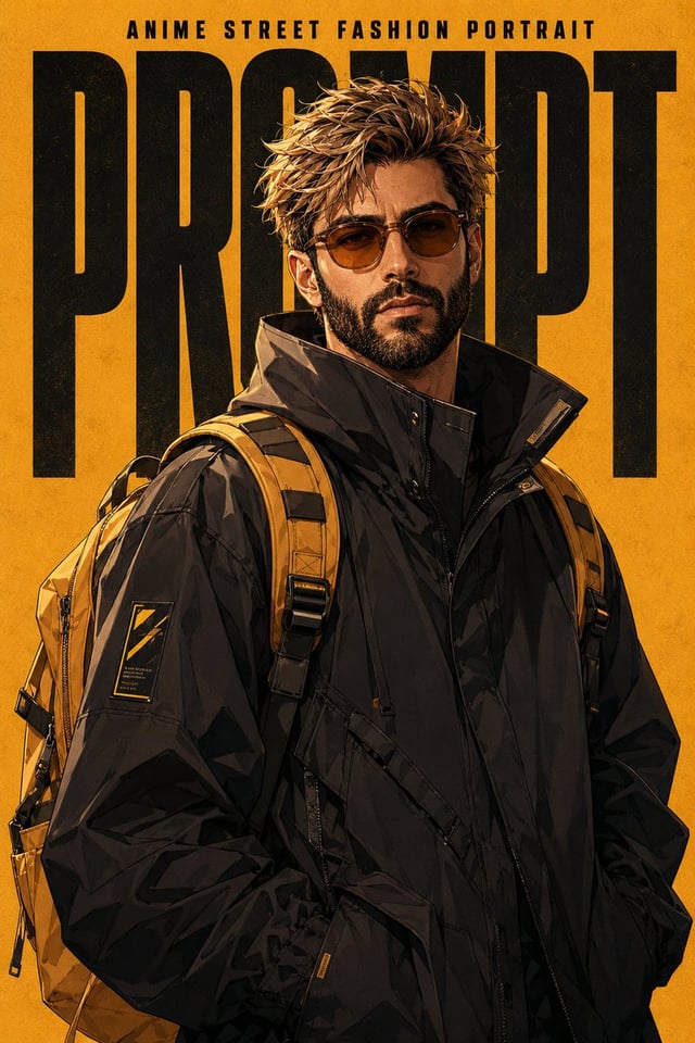 Anime-inspired street fashion poster featuring a handsome young male character standing in a confide