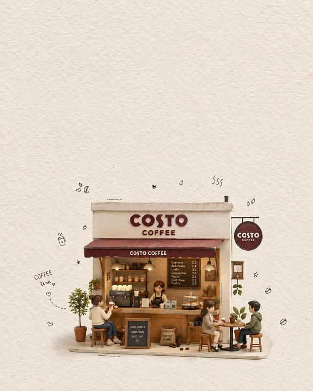 Create a charming minimalist 3D miniature coffee shop scene inspired by a cozy handmade paper-and-cl