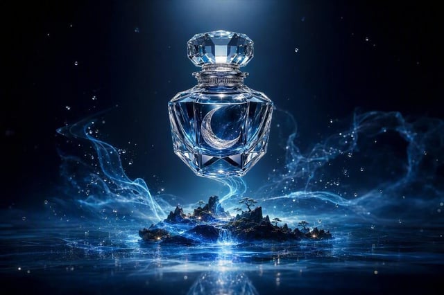 An exceptionally captivating luxury perfume advertising graphic featuring an exquisite sculptural cr