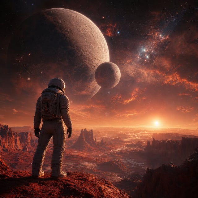 Create an epic cinematic photograph of a lone astronaut standing on a red alien cliff, gazing up at 