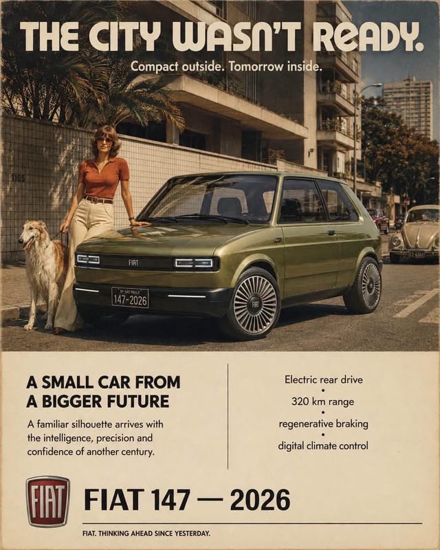 Alternate-history vintage automobile advertisement, as if photographed and printed in [ERA], featuri