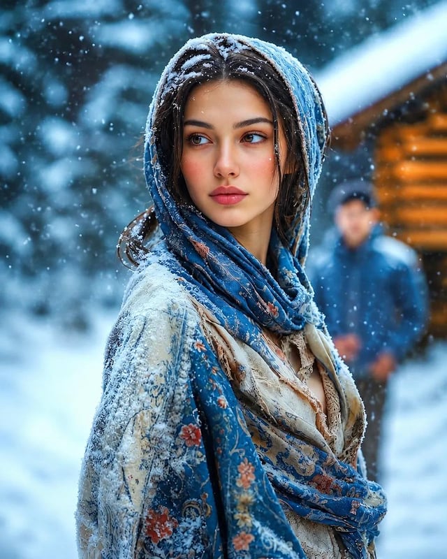 A cinematic medium close-up portrait of a breathtakingly beautiful young woman outdoors in a winter 