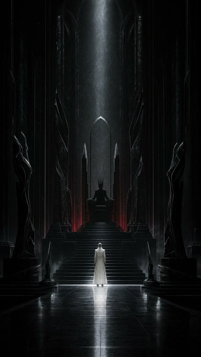 Create a completely original cinematic dark-surrealist scene inside an endless throne hall carved fr