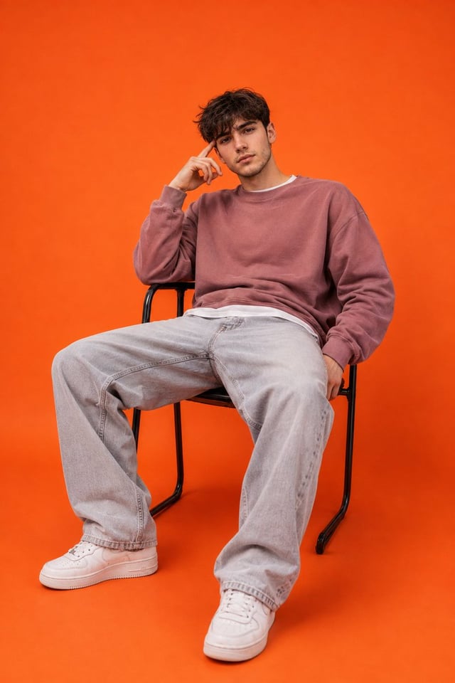 2:3 vertical menswear editorial, young male model seated on a simple black metal chair, legs spread 