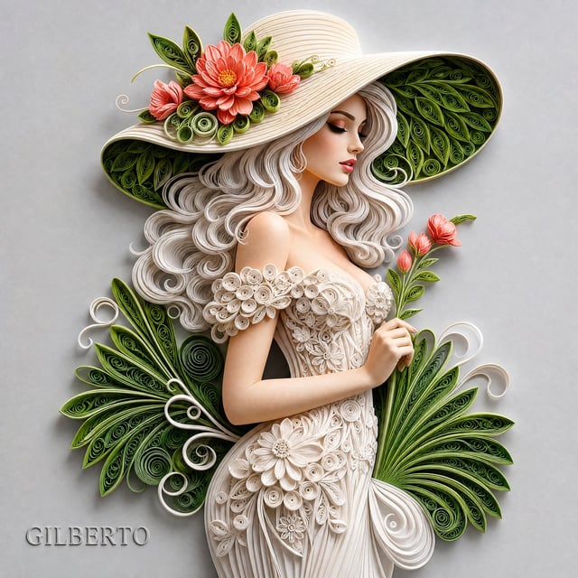 A detailed 3D paper quilling relief artwork of an elegant woman in a stylish off-the-shoulder corset