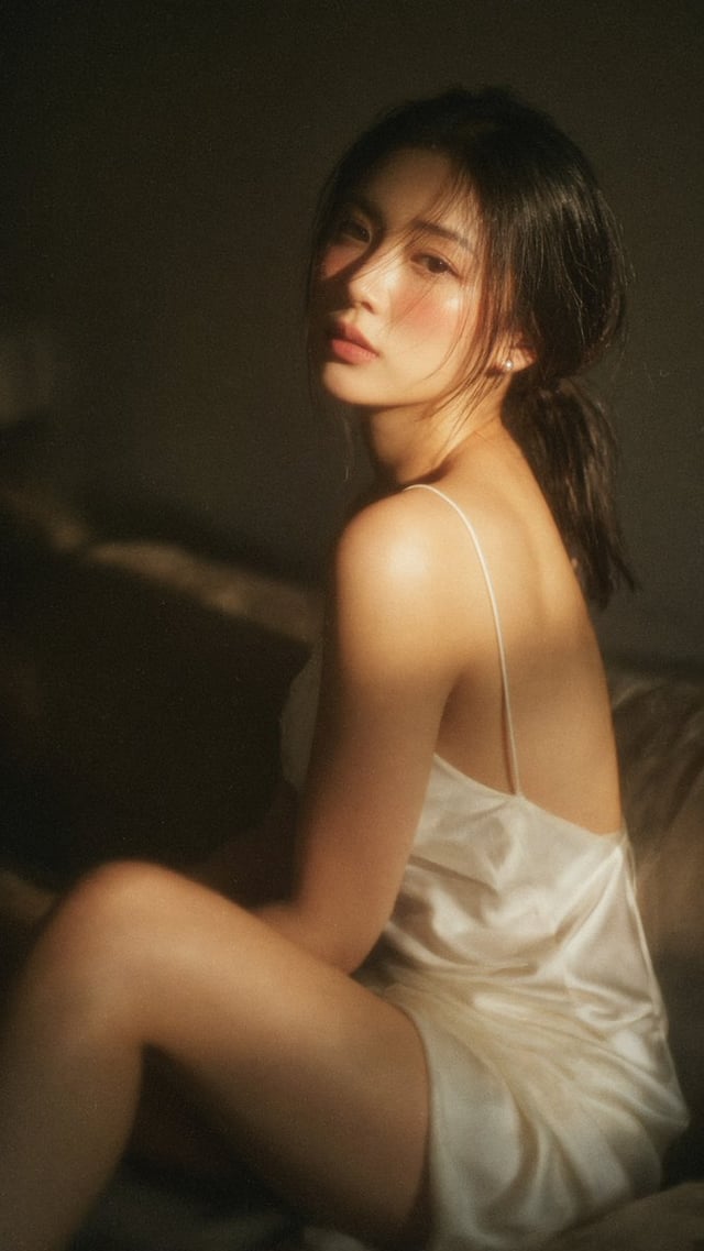 9:16 vertical portrait, dreamy cinematic editorial photography, a beautiful Taiwan idol sitting side