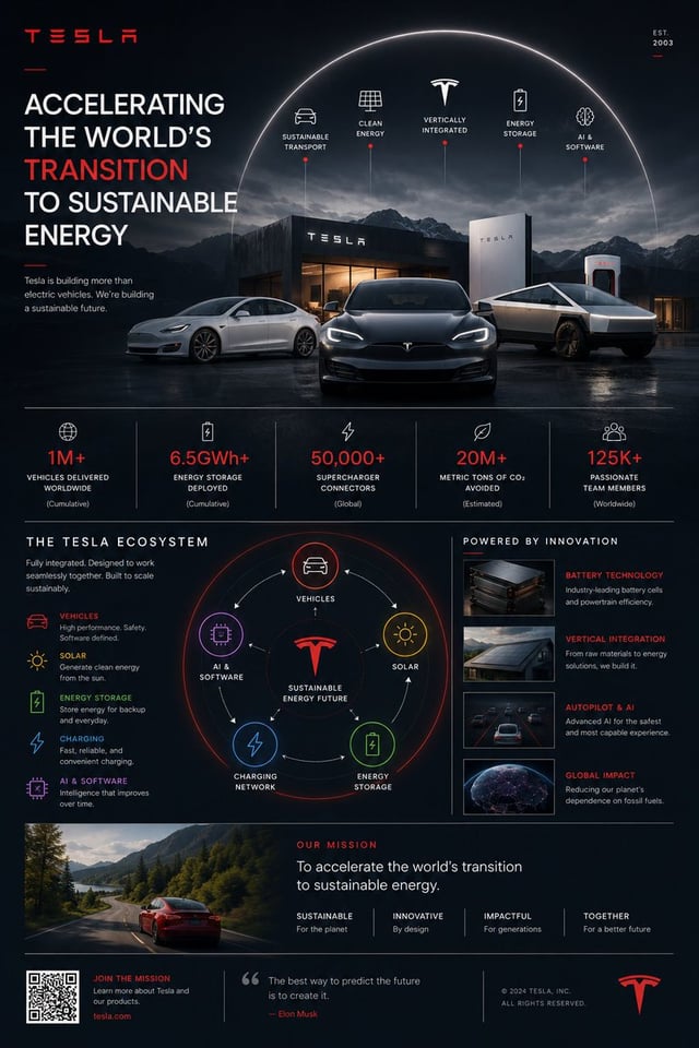 Ultra-premium Tesla ecosystem infographic poster, 4:5 vertical format, concept-driven design titled 