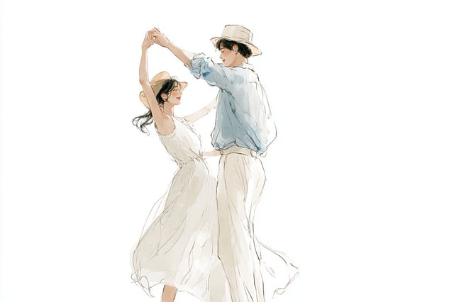 Watercolor line art illustration of [Subjects] sharing a [Romantic Action], Korean illustration aest
