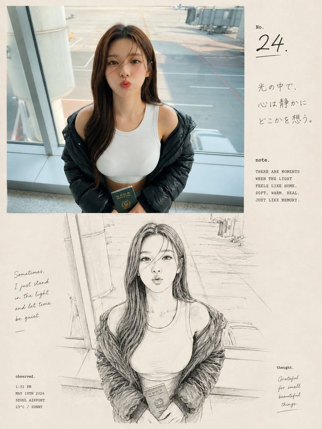 A premium nostalgic editorial photo-and-sketch artbook page featuring a young East Asian woman at an