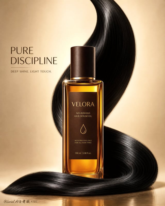 Create a Cannes-level flagship advertising poster for an original premium hair oil brand named "VELO