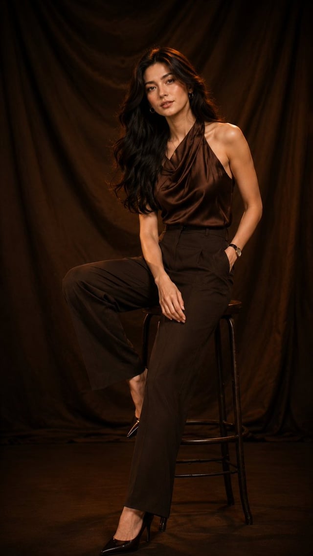 Create an ultra-photorealistic 9:16 luxury studio fashion portrait of the SAME young European woman 