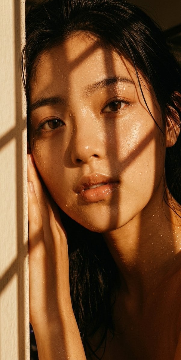 Close-up beauty portrait of a woman bathed in dramatic golden hour sunlight, leaning against a neutr