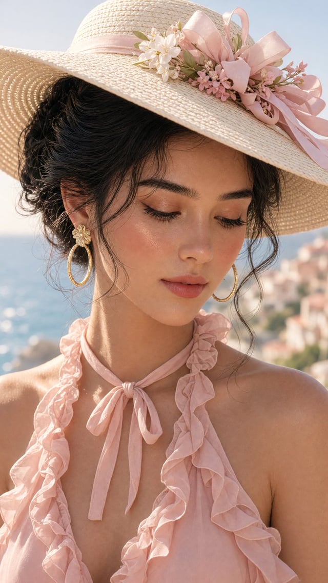 A close-up portrait of a glamorous young woman outdoors near the coast, featuring a soft-focus backg