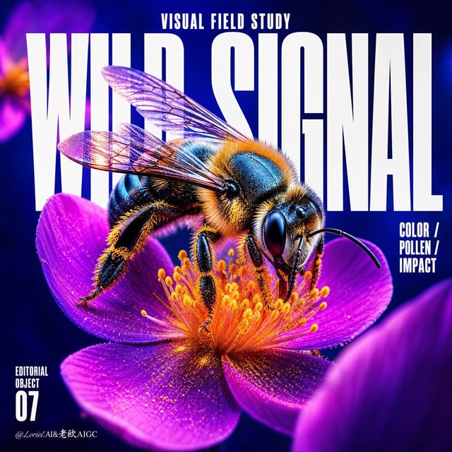 Create an ultra-detailed macro poster built around one fixed iconic visual system: a neon-lit pollin