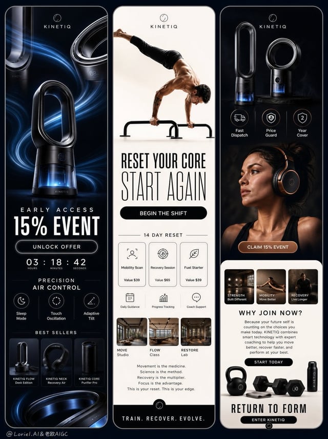 Create a premium triptych mobile-story advertising campaign for an original high-performance wellnes