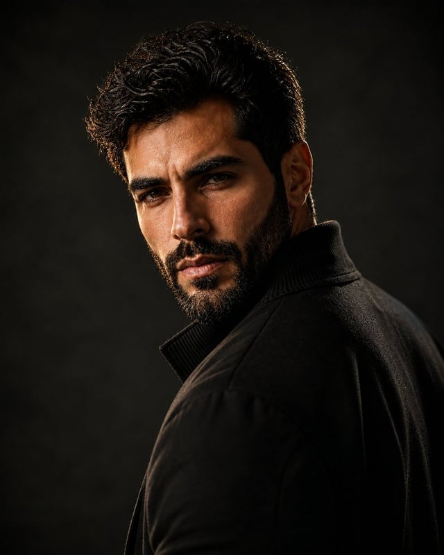 Ultra-realistic cinematic portrait of a handsome adult man with thick, voluminous dark wavy hair swe