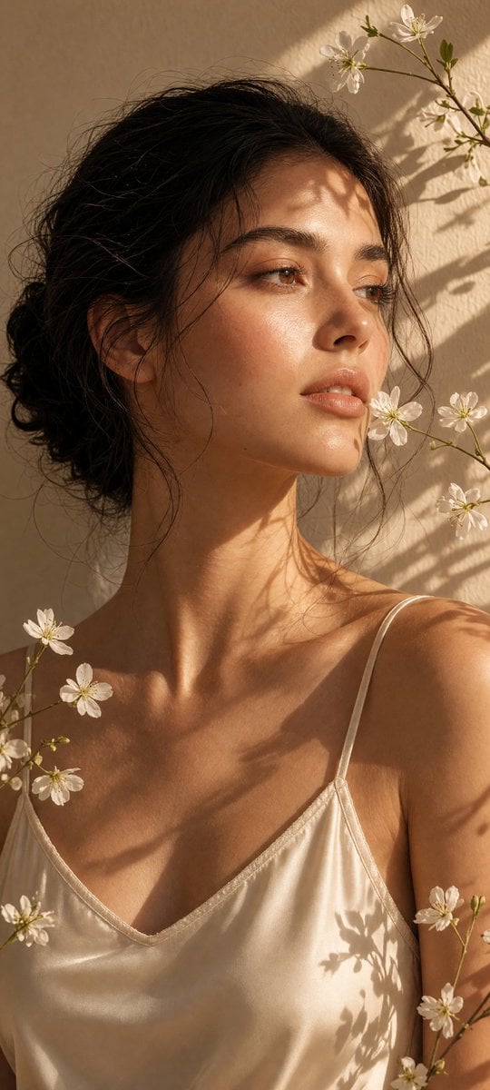 Create a vertical 4:5 ultra-realistic dreamy beauty-editorial portrait featuring a woman photographe