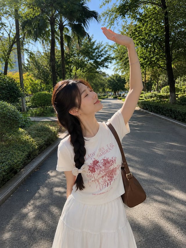 A photorealistic outdoor lifestyle portrait of a young woman walking along a peaceful tree-lined par