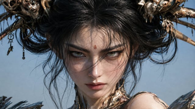 真人电影实拍奇幻角色近景，真实成年东亚女性演员、实体头饰、实物旧化道具与局部特效化妆，自然动态范围，克制冷色电影调色，极轻微细颗粒；16:9横幅，眼睛高度的头肩极近景，约85mm中长焦人像视野感，人物