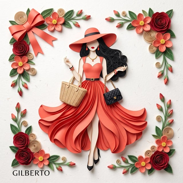 3D paper quilling and layered paper craft art of an elegant fashion illustration, flat lay view on a