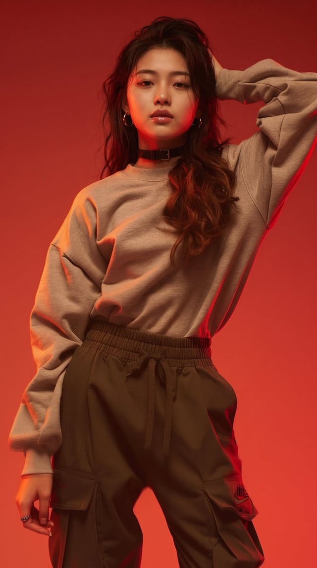 High-fashion studio portrait of a stylish young East Asian woman posing dynamically with one hand to