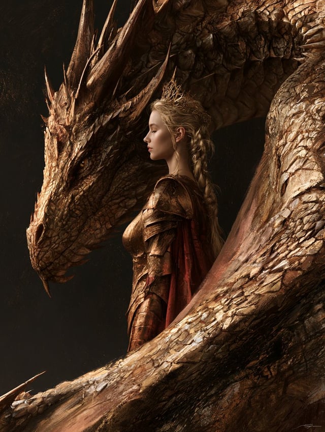 A fantasy digital painting of a warrior queen and a dragon standing together. The woman, shown from 