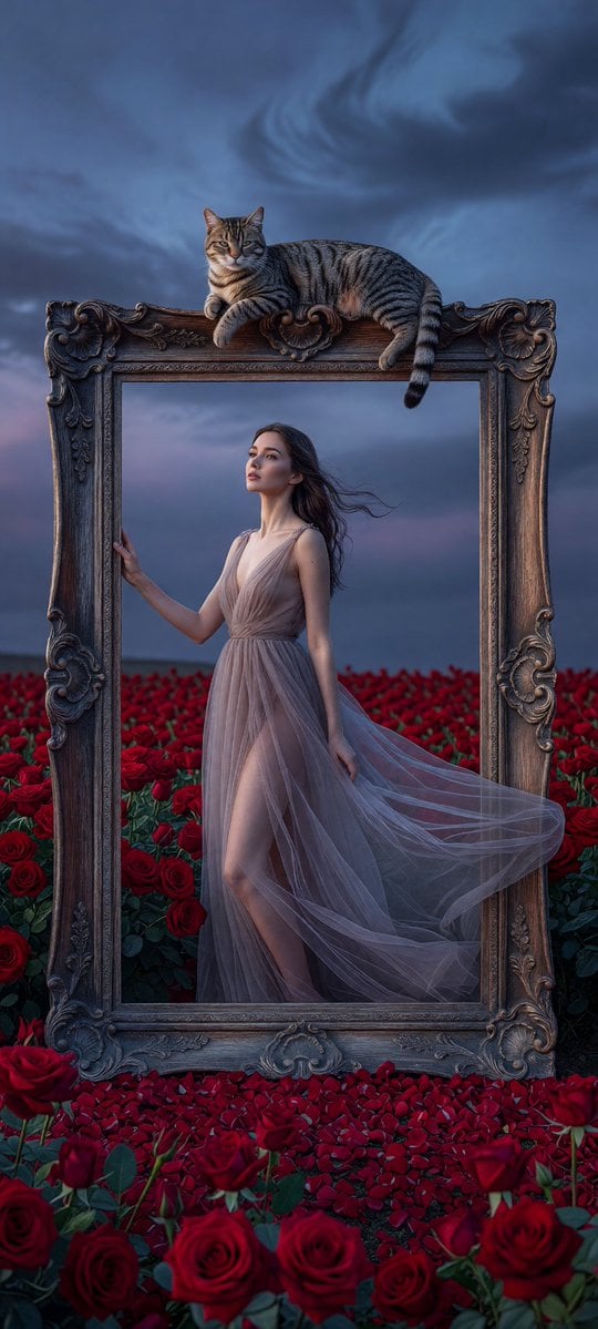 Cinematic surreal fine-art photography of an elegant woman standing within a massive, antique carved