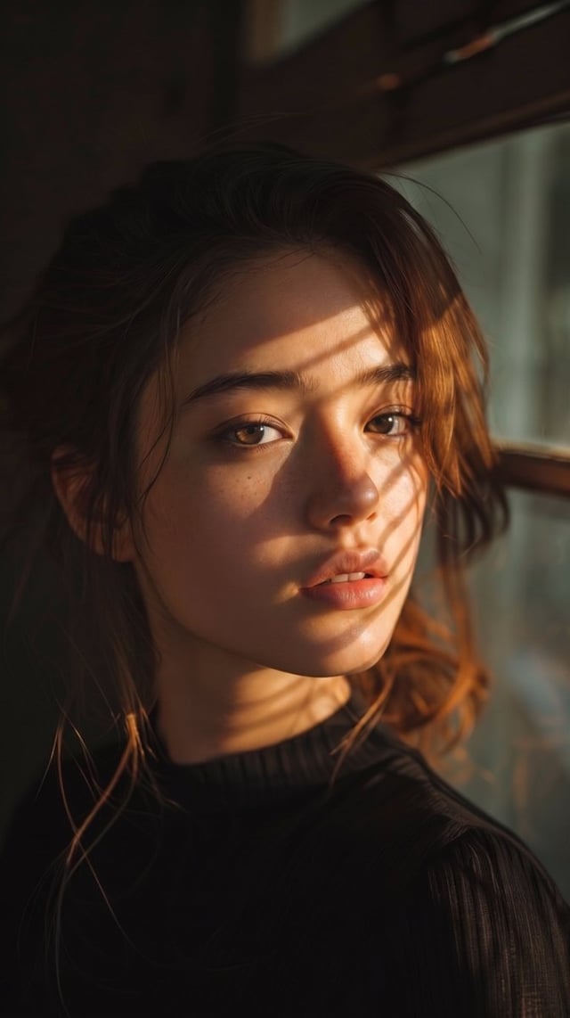A close-up cinematic portrait of a young woman with natural beauty, hazel eyes, and slightly parted 