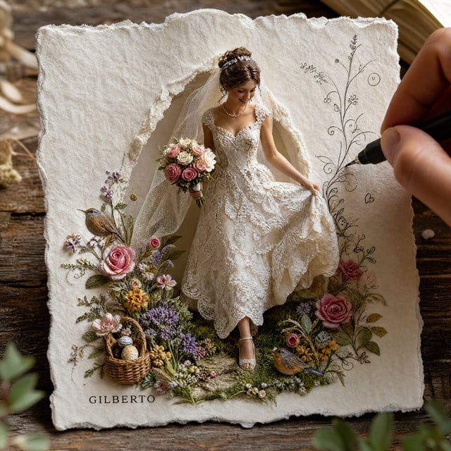 A high-detail close-up shot resting on a rustic wooden table featuring an off-white, deckle-edged ha