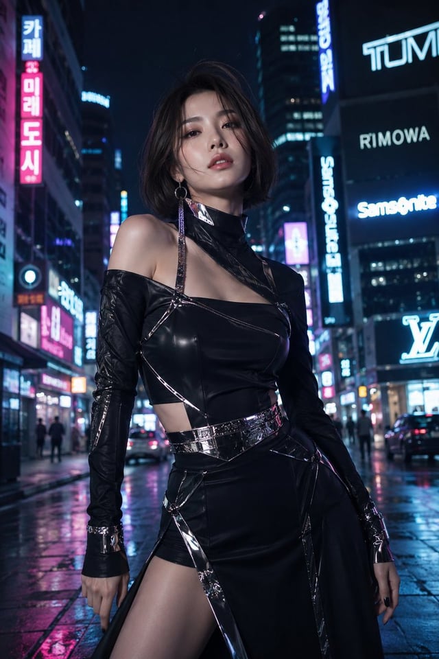 A stunning adult woman in her mid-20s, with a sleek short bob haircut, soft glowing skin, subtle glo