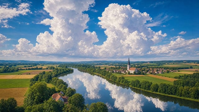 A painterly, highly detailed landscape scene with a luminous blue summer sky dominated by towering w
