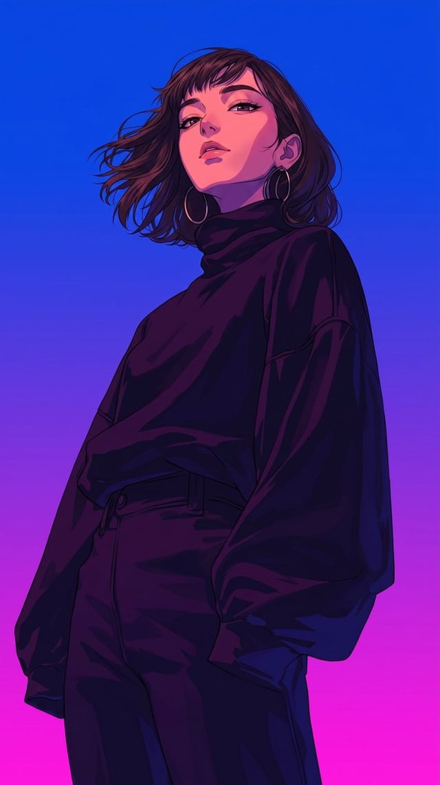 A retro-modern anime digital painting of a chic young woman in a dramatic low-angle perspective. Tou
