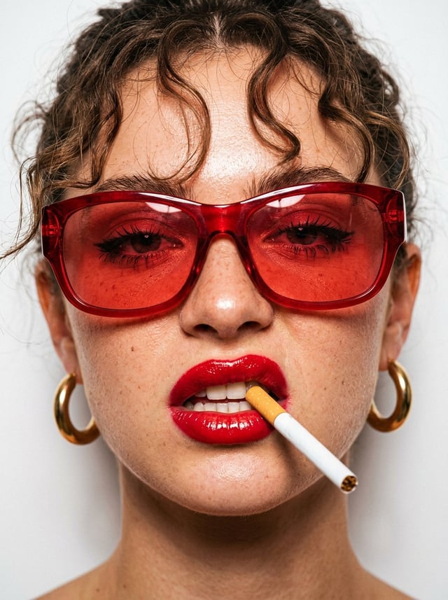 {    subject : {      gender :  female ,      pose :  extreme close-up of face, lips parted biting c
