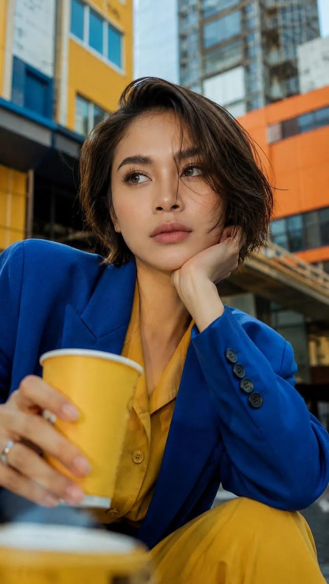 Low-angle portrait of a young Southeast Asian woman with a side-parted short bob resting her chin on