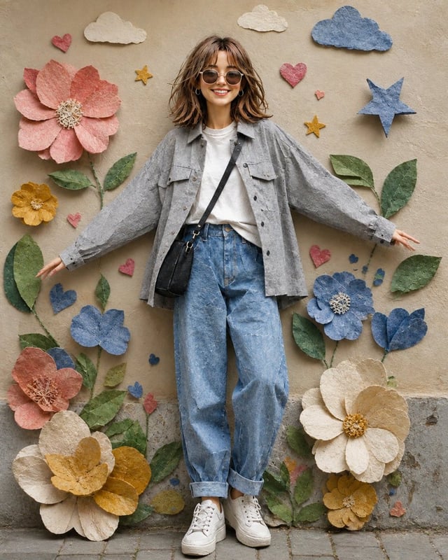 A whimsical handcrafted paper-collage portrait of a cheerful young woman standing full-body against 