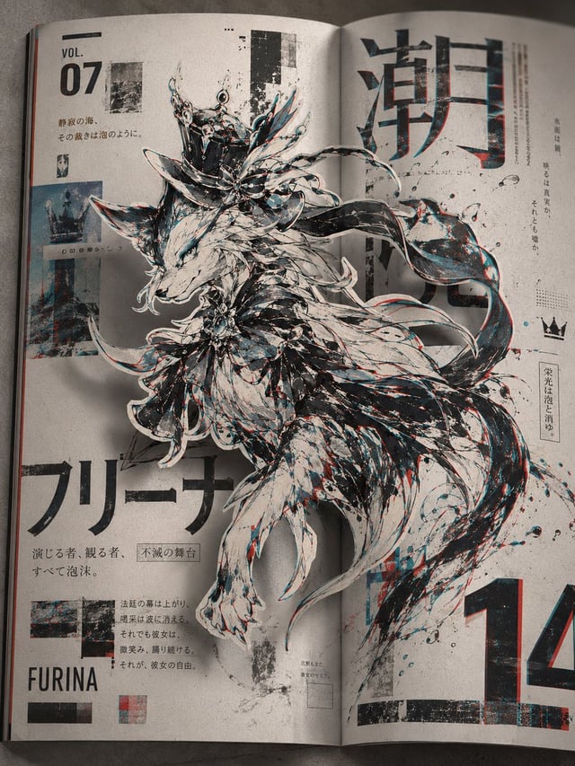 「二维平面设计 × 三维空间摄影 × 2.5D纸上立体错觉，平面的实验杂志版式作为底层空间，二维手绘角色从纸面视觉脱离并形成实体般的空间悬浮感，角色产生真实投射阴影，明确前后遮挡、透视缩短与浅景深，形