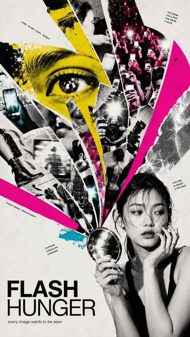 Create a 9:16 editorial collage poster built around a fan-shaped composition.
