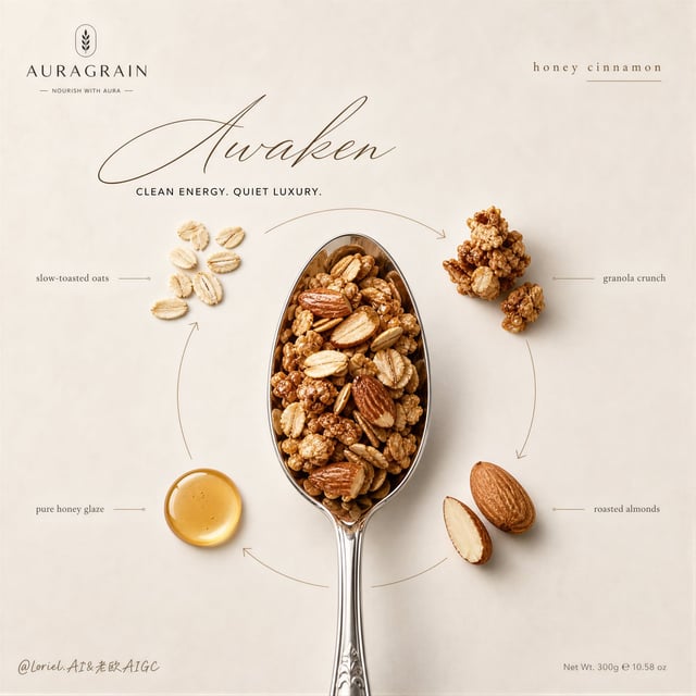 Create a Cannes-level flagship advertising poster for an original premium granola brand named AURAGR