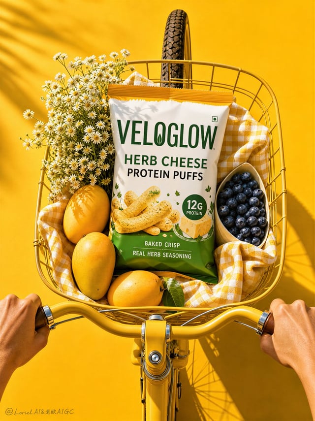 Create a Cannes-level flagship advertising poster for an original premium snack brand named VELOGLOW