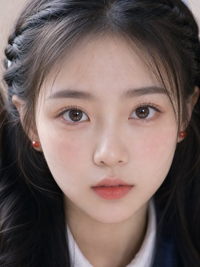 东方年轻少女正面肖像，超近景贴脸特写，镜头距离非常近，画面几乎被脸部填满，人物正面面对镜头，头部端正，视线直视镜头，双眼位于视觉中心，构图高度集中于人脸本身，整体呈现强烈的面部主导感与扑面而来的呼吸感