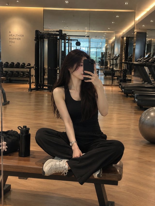 A stylish young woman taking a mirror selfie in a modern luxury gym, sitting cross-legged on a woode